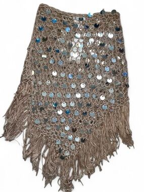 Brown tan sequin crochet poncho with fringe in size Small. New
